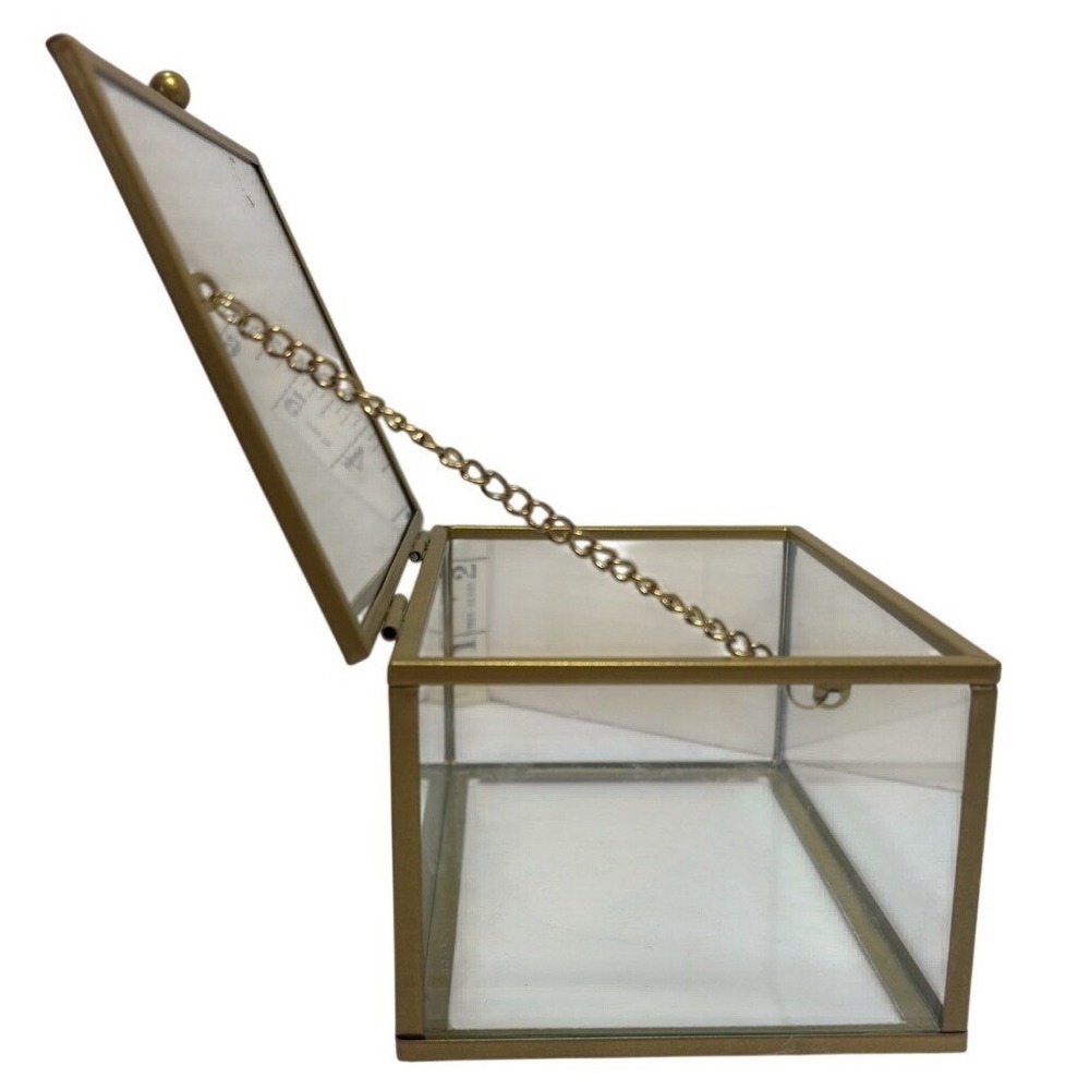 Gold Brass Glass Jewelry Box Rectangular Hinged Display Keepsake Case Vintage - Picture 8 of 10